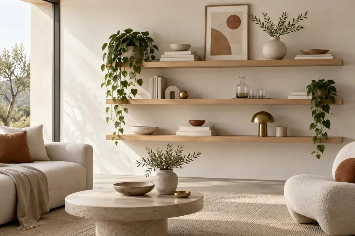 Décoration étagère salon avec compositions équilibrées, objets variés et espaces vides