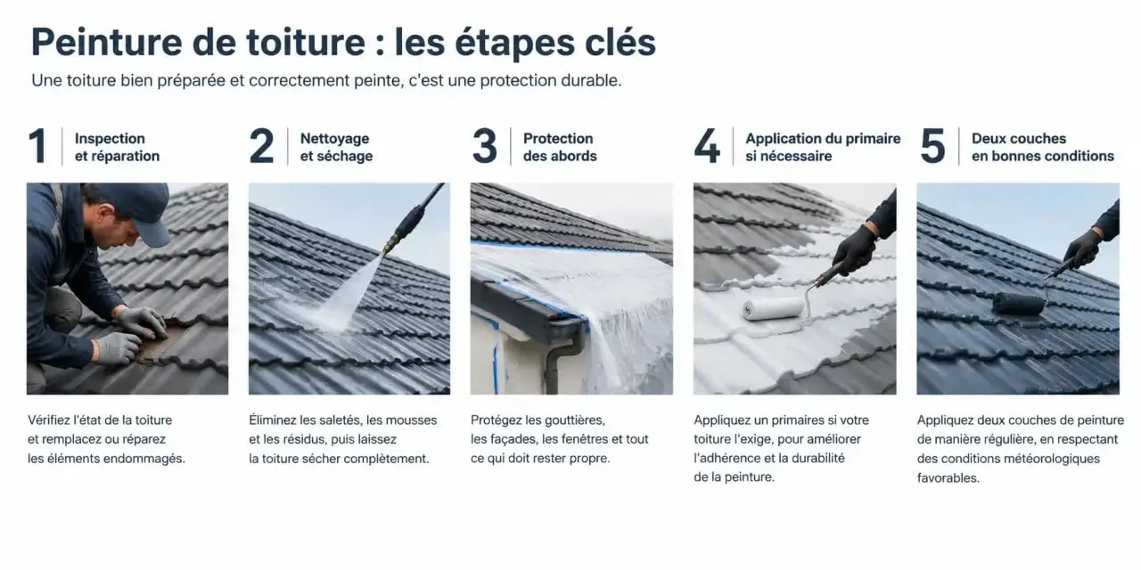 Étapes d'application d'une peinture pour toiture sur une couverture préparée