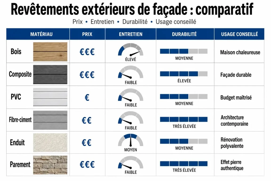 Comparatif du revêtement exterieur mur selon le matériau, le budget et l’entretien