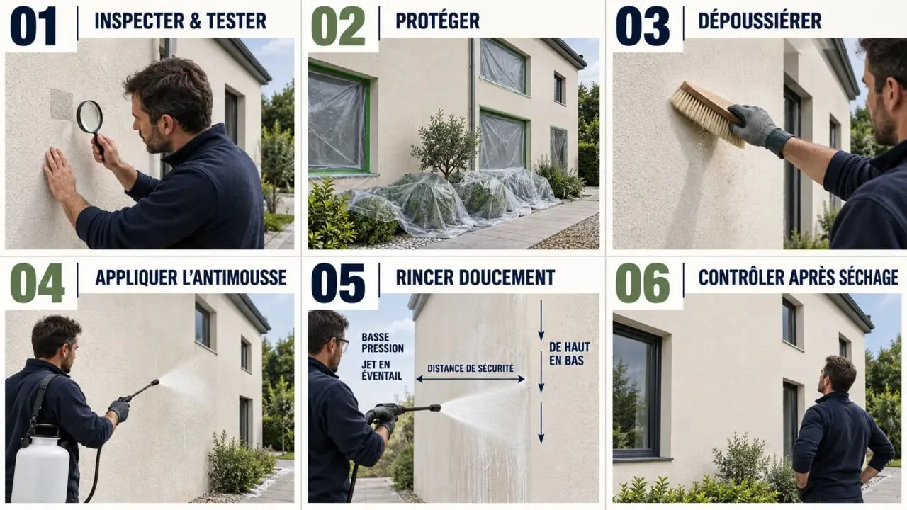 Nettoyer un crépi extérieur : étapes du protocole avec brosse souple, antimousse et rinçage doux
