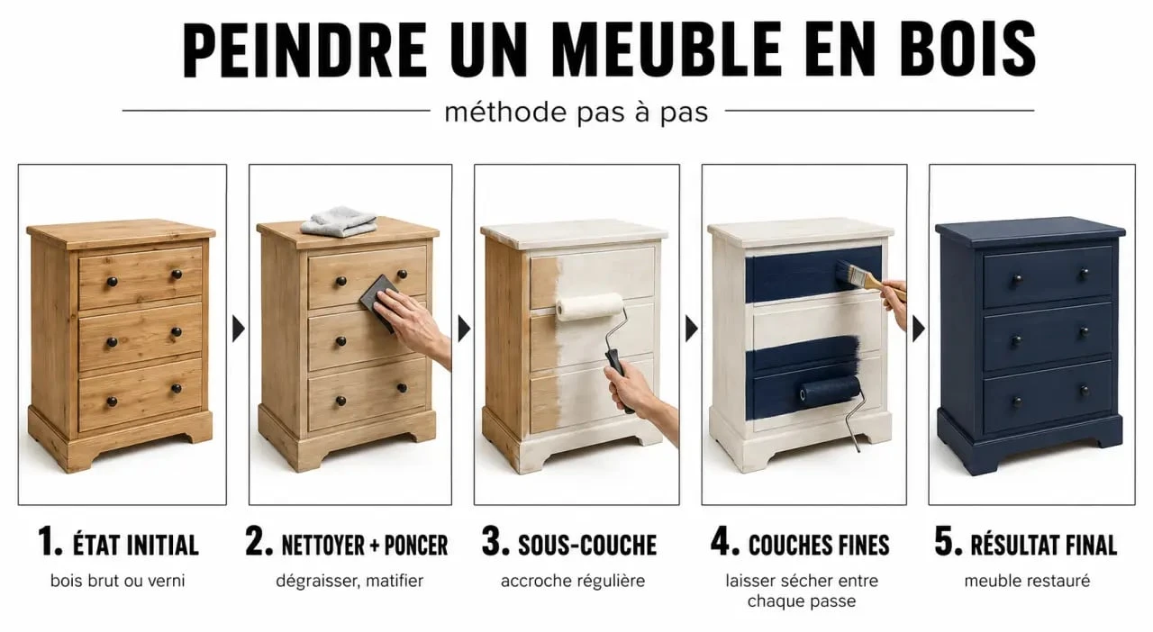 Peinture sur meuble bois : étapes de préparation, sous-couche et finition sur un meuble en bois