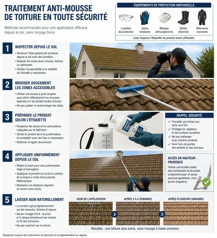 Traitement anti mousse des toitures appliqué avec une perche télescopique en toute sécurité