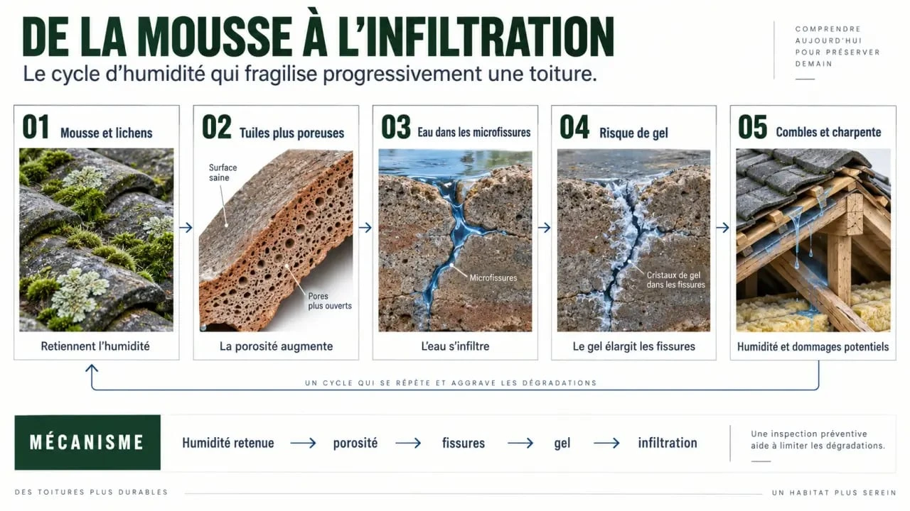 Traitement anti mousse des toitures : cycle de la mousse vers la porosité et les infiltrations