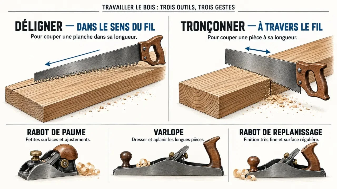 Infographie pédagogique sur les outils pour travailler le bois, le délignage, le tronçonnage et les principaux rabots