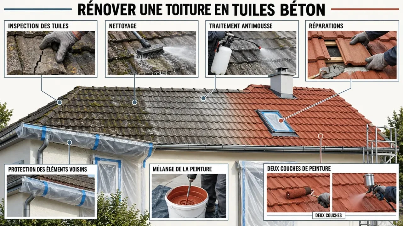 Infographie des étapes d’application d’une peinture toiture tuile béton