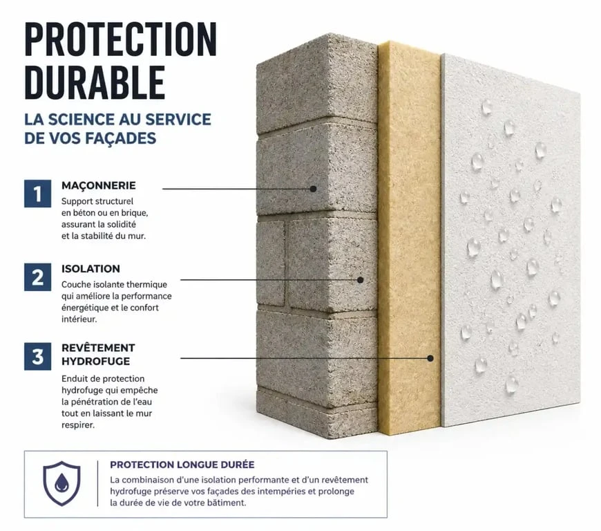 Schéma technique illustrant l'action d'un traitement de façade hydrofuge sur un mur extérieur