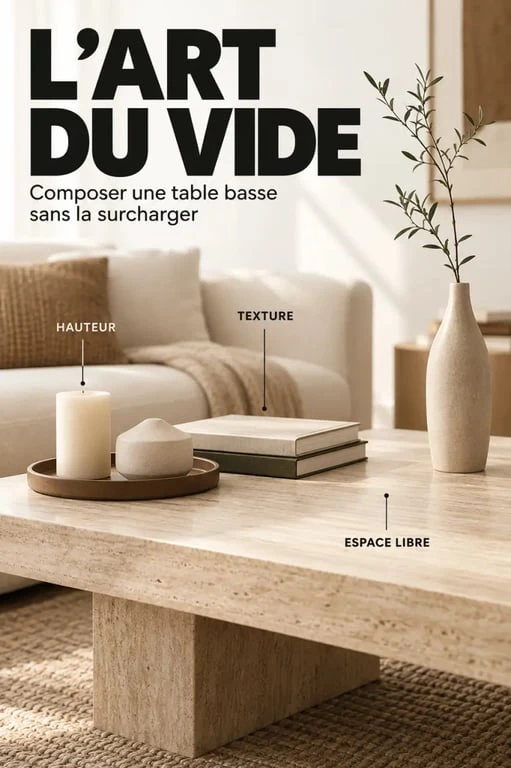 Déco table basse minimaliste avec livres, vase, bougie et espace libre