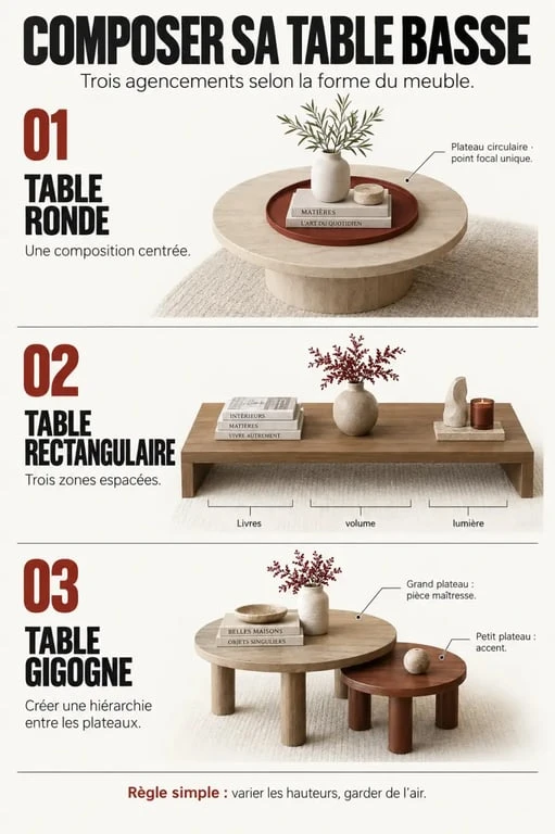 Idées de déco table basse selon la forme ronde, rectangulaire ou gigogne