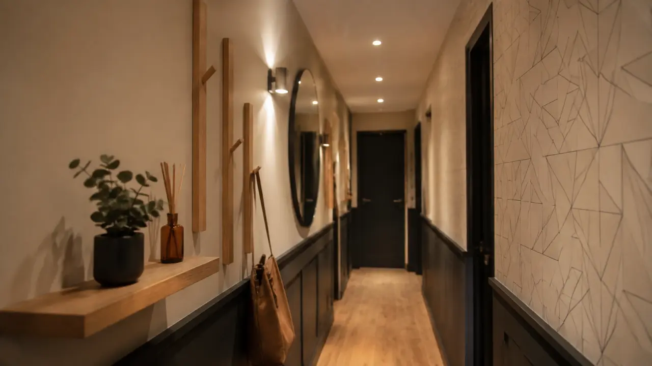 Idée déco couloir moderne : couloir clair, miroir ovale et éclairage LED