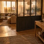 Idee separation entree salon : verrière atelier demi-hauteur pour garder la lumière