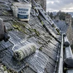Nettoyage toiture ardoise au biocide, rouleau-brosse sur ardoises humides