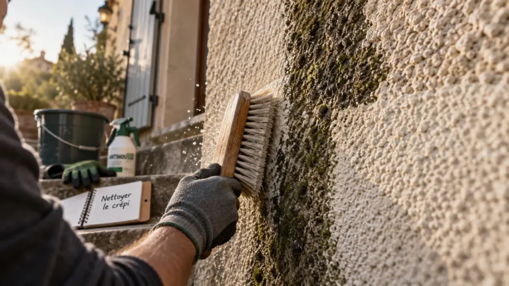 Nettoyer un crépi extérieur : façade en crépi beige, mousse et brosse