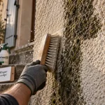 Nettoyer un crépi extérieur : façade en crépi beige, mousse et brosse