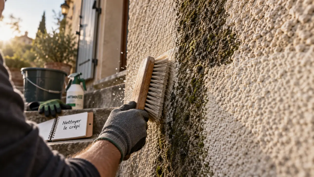 Nettoyer un crépi extérieur : façade en crépi beige, mousse et brosse