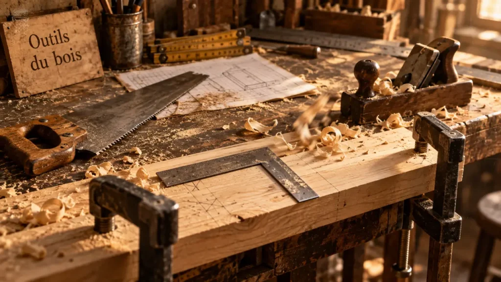 Outils pour travailler le bois : planche, équerre, mètre et rabot