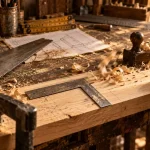 Outils pour travailler le bois : planche, équerre, mètre et rabot