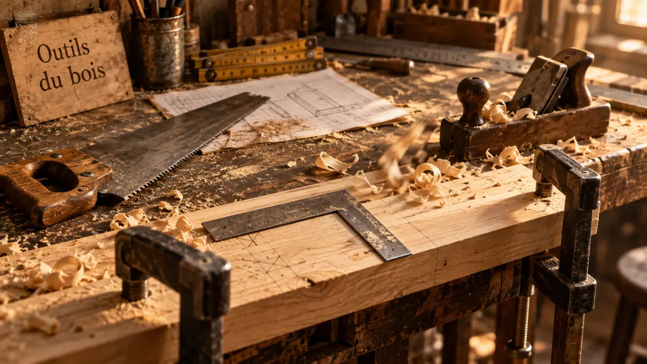 Outils pour travailler le bois : planche, équerre, mètre et rabot