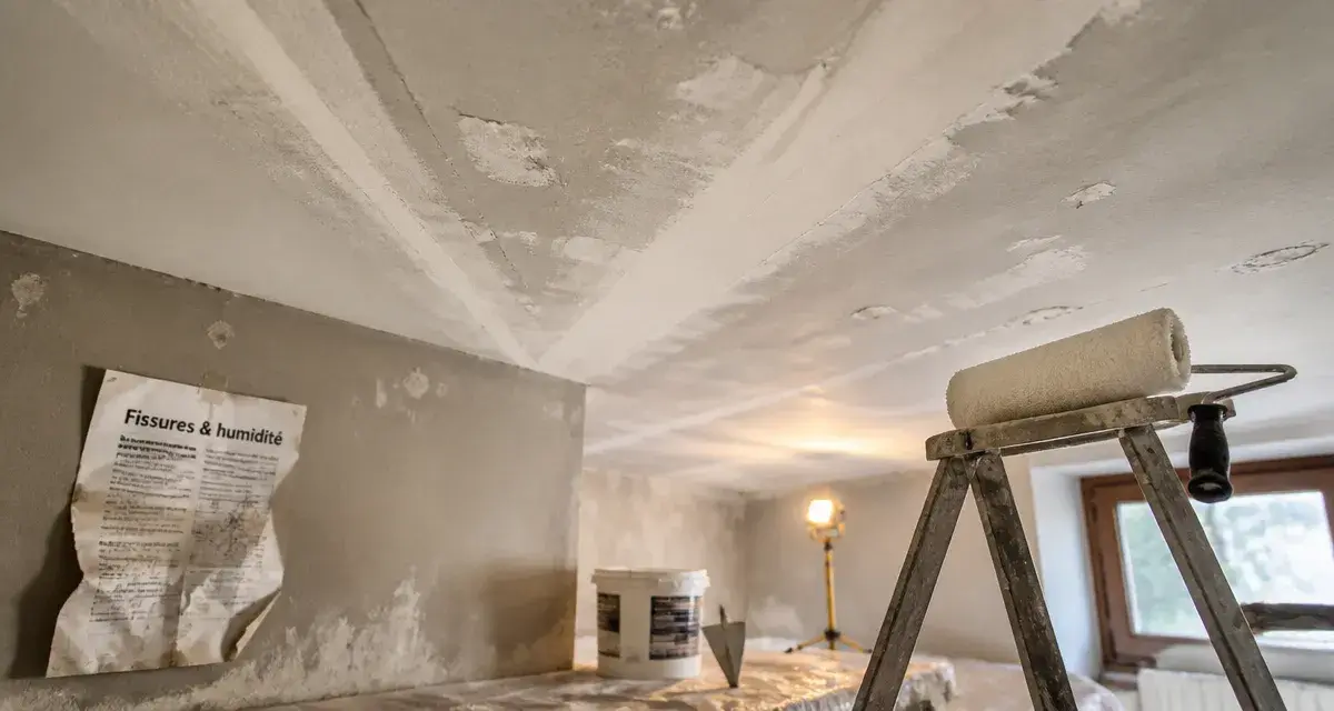 Plafond renovation : fissures rebouchées et peinture sur plafond de salon