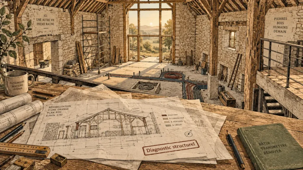Aménagement grange : chantier intérieur lumineux, structure et poutres visibles