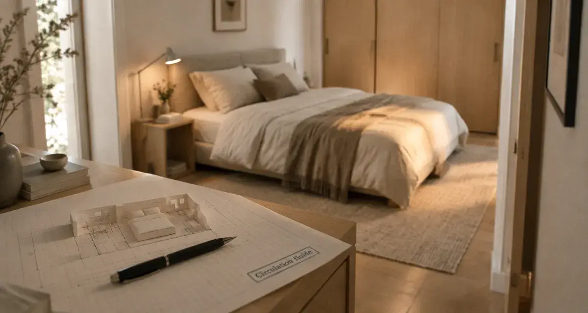 Amenager chambre : lit d’abord et rangements minimalistes, circulation fluide