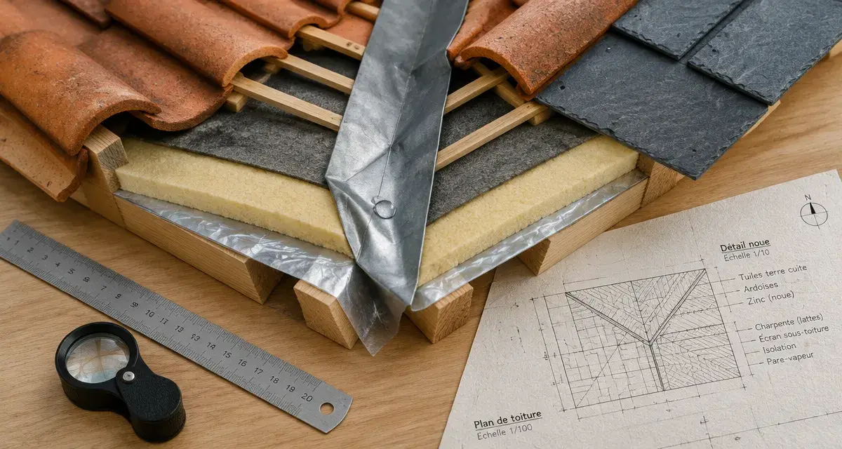 Composition toiture : couches charpente, isolant et tuiles avec noue en zinc