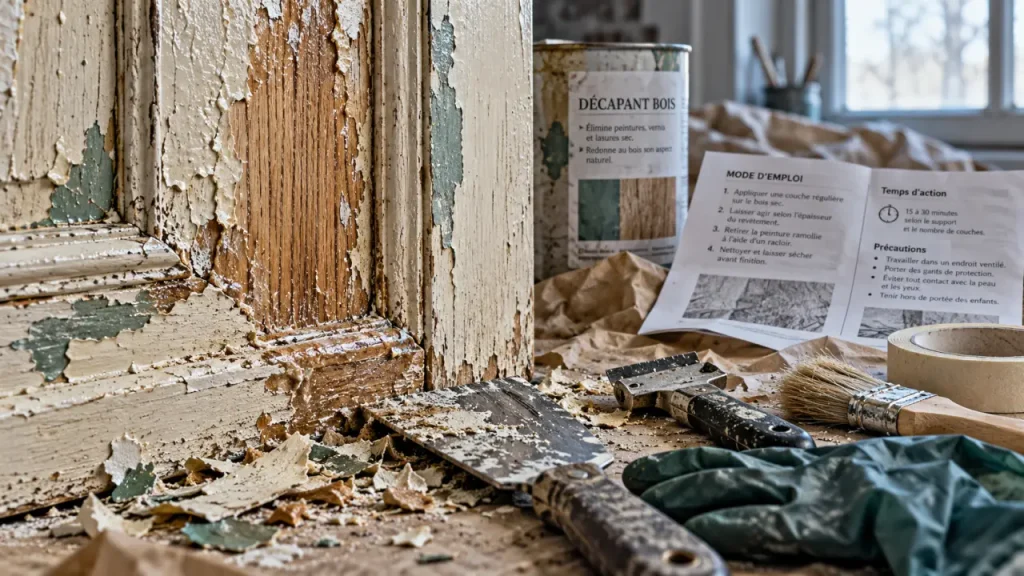 Décapants peinture sur porte en bois partiellement décapée