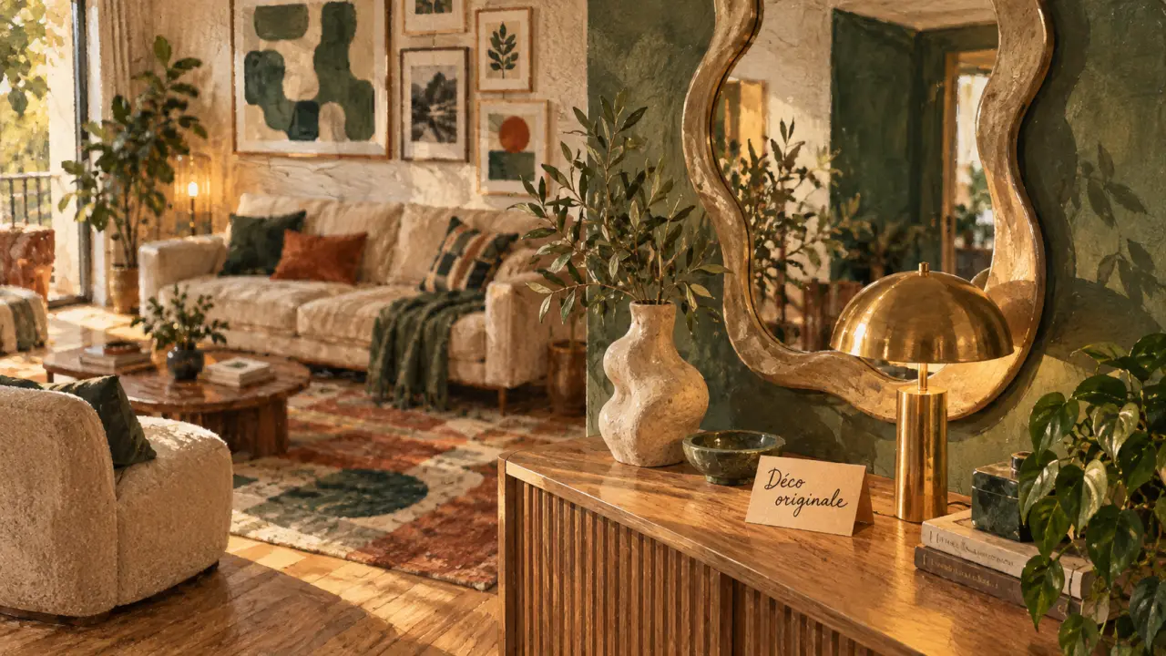 Déco originale : salon avec miroir sculptural et console bois