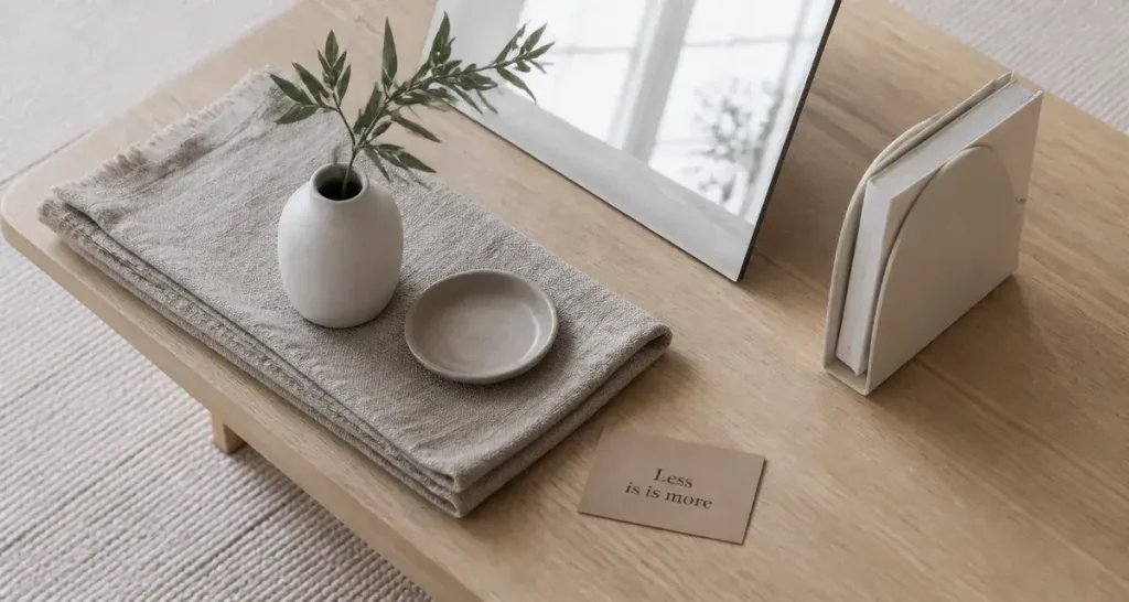 Décoration minimaliste : intérieur apaisant, table basse en chêne clair, vase et lin beige