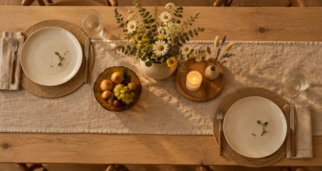 Décoration table salle à manger : 5 zones, linge beige et table en bois clair, ambiance chaleureuse