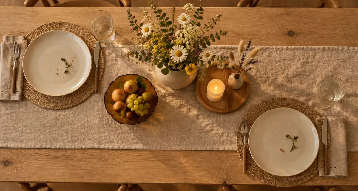 Décoration table salle à manger : 5 zones, linge beige et table en bois clair, ambiance chaleureuse