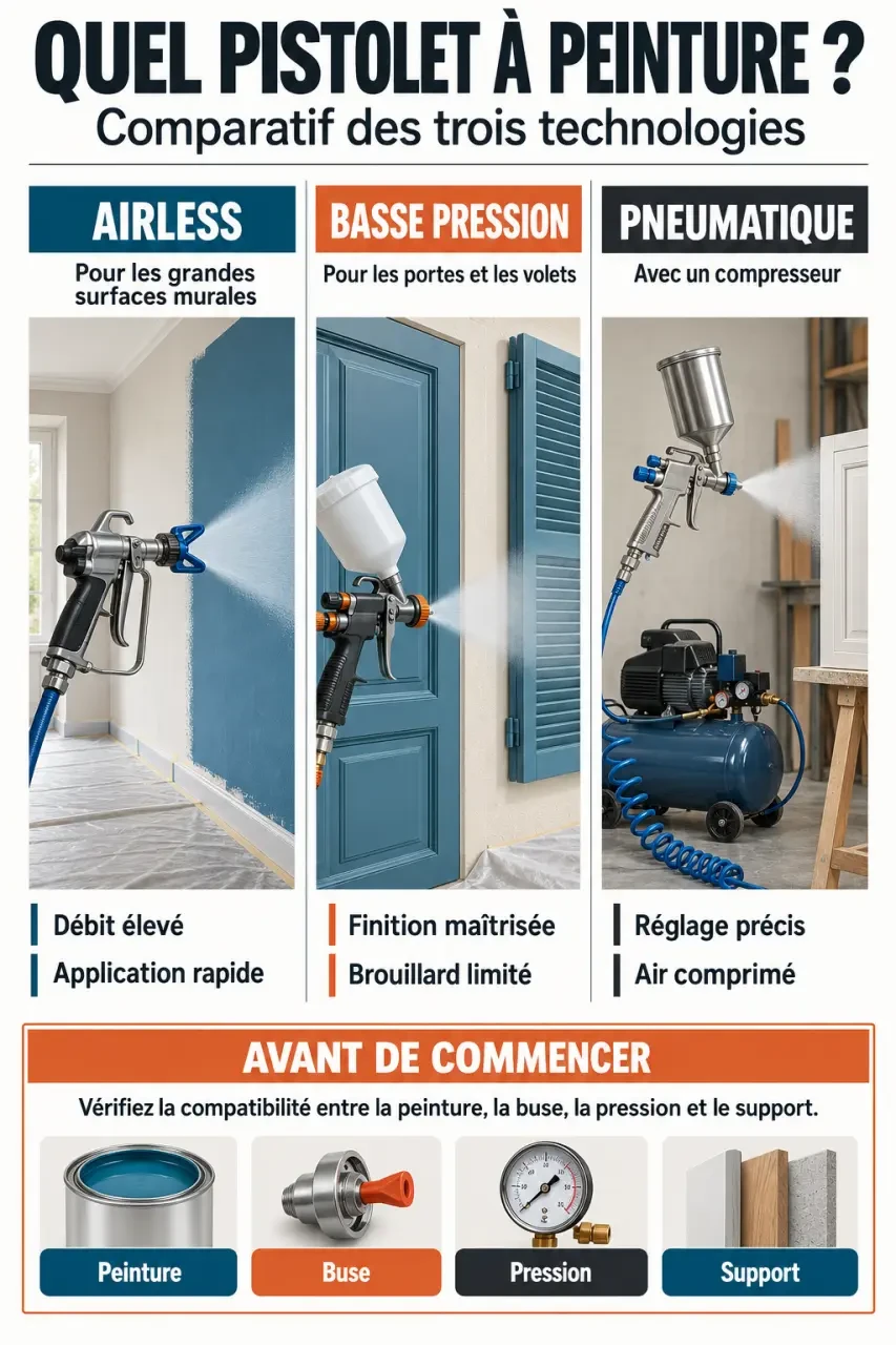Infographie sur la location pistolet peinture : airless, basse pression et pneumatique selon le chantier