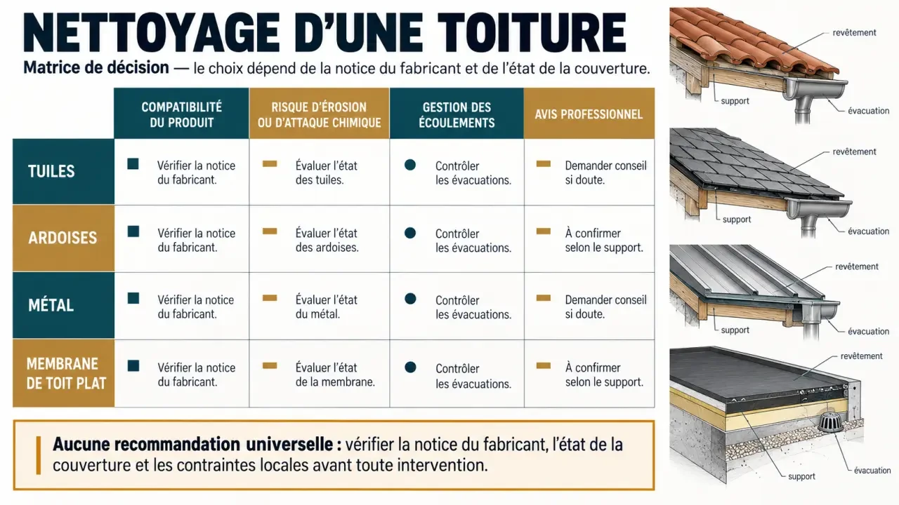 Nettoyant toiture : critères de compatibilité selon le matériau de couverture