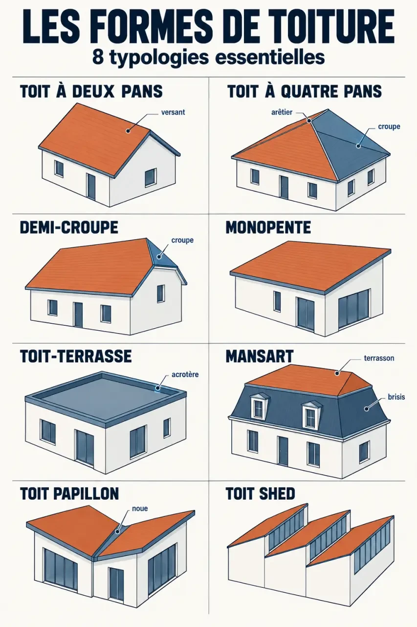 Infographie des principaux types de toitures et de leurs formes