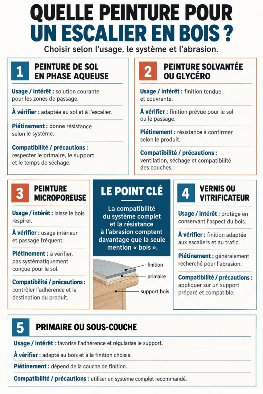 Infographie sur le choix de la peinture pour escalier en bois selon le support et la résistance