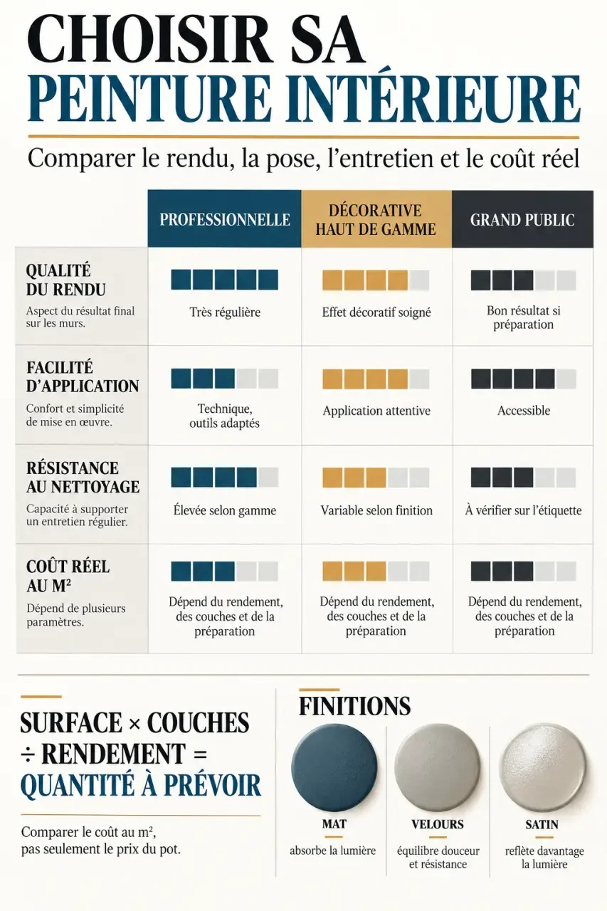 Infographie pour choisir la meilleure marque de peinture intérieur selon le rendu, la résistance et le coût au mètre carré