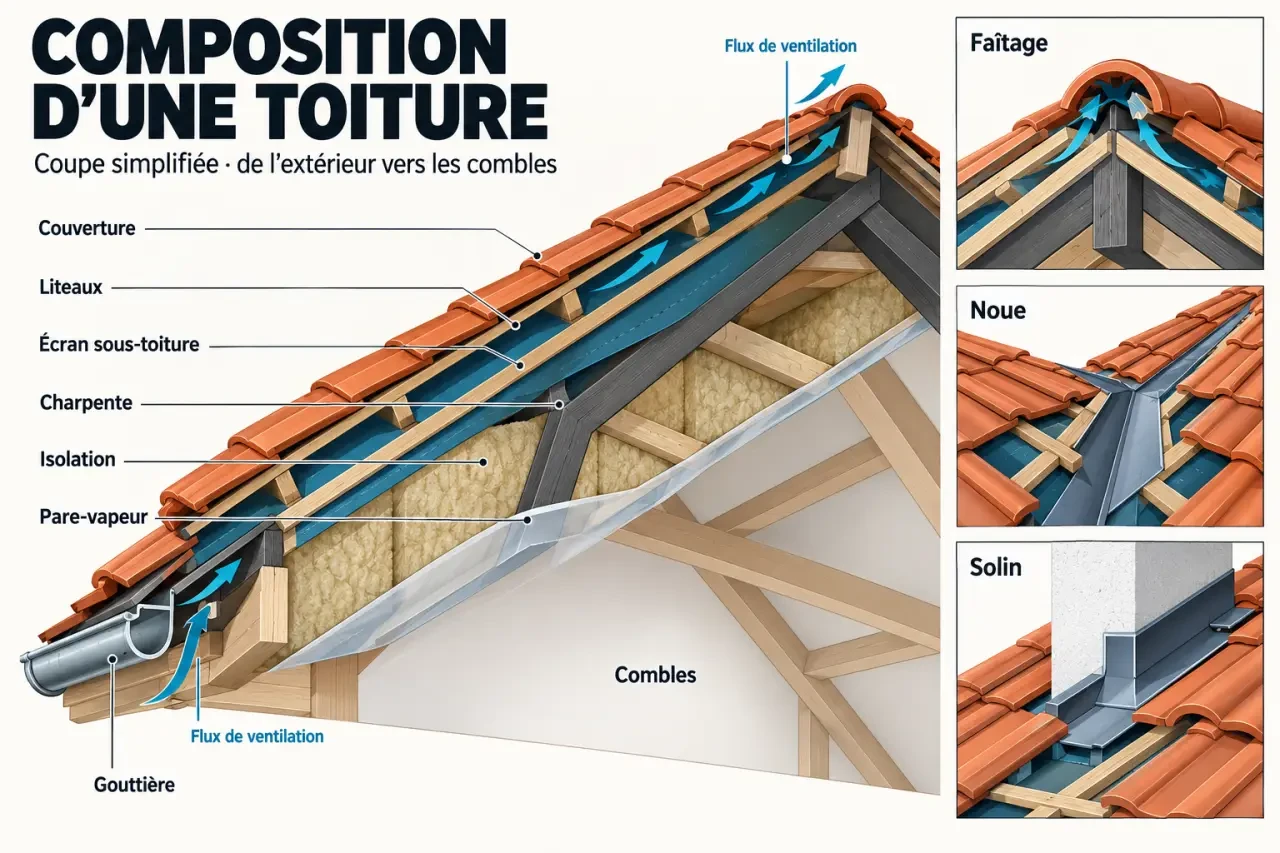 Schéma simplifié de la composition toiture avec couverture, charpente, écran sous-toiture, isolation et ventilation