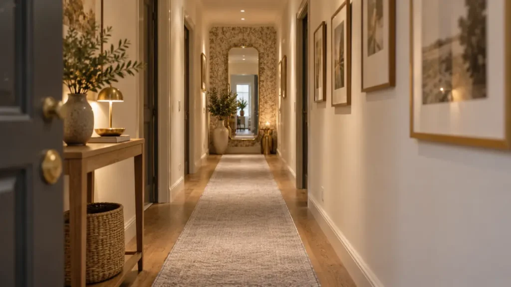 Idee deco couloir long : tapis fin gris et miroir pleine hauteur au fond