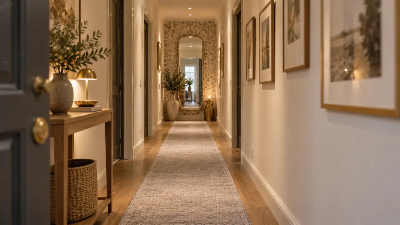 Idee deco couloir long : tapis fin gris et miroir pleine hauteur au fond