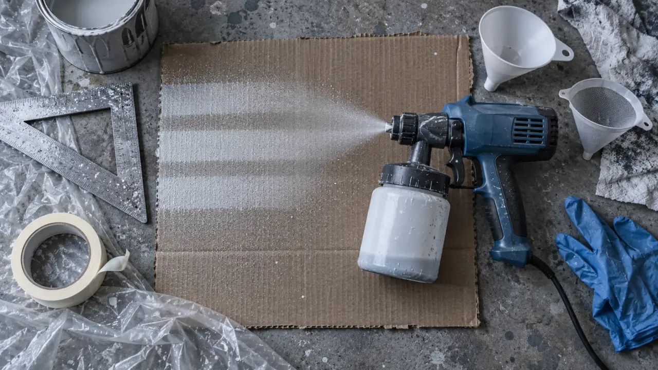 Peindre au pistolet electrique : jet de test sur carton