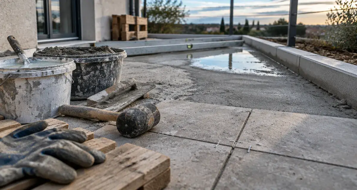 Rénovation terrasse : test au maillet et primaire d’accrochage sur support béton